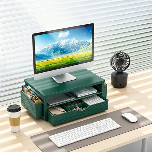 gianotter Desk Organizers and Accessories, Monitor Stand with Drawer and 2 Pen Holder, Desktop Organizer Suitable for Offices and Dormitories (Green-Plain) - color: Green-Plain