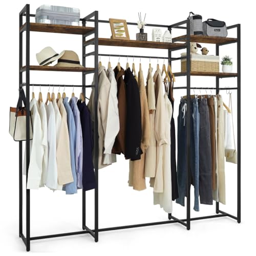 CAPHAUS 913lbs Capacity Garment Rack for Hanging Clothes, Heavy Duty Open Wardrobe w/Hanging Rods, Free Standing Closet Organizer, Clothing Rack, Metal Closet w/Wooden Boards, Rustic Oak Board - color: Rustic Oak, size: 75 Inch