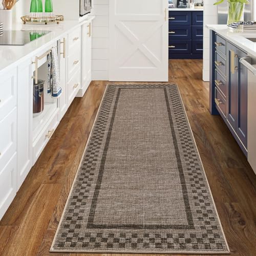 GarveeHome Rug Runners for Hallways 2x8 Washable Kitchen Runner Rug | Non Slip Low Pile Throw Carpet Modern Bordered Bathroom Checkered Runners for Living Room Bedroom Entryway Nursery, Brown - color: Brown, size: 2' x 8' (Runner)