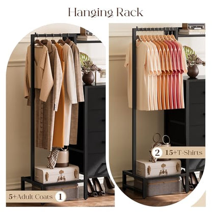 Yoobure Black Dresser with Hanging Rack - Small Closet with 4 Fabric Storage Drawers, 44" H Dresser with Clothes Rack, Chest of Drawer, Kids Dressers for Bedroom, Dorm, Living Room, Sturdy Frame - color: Black