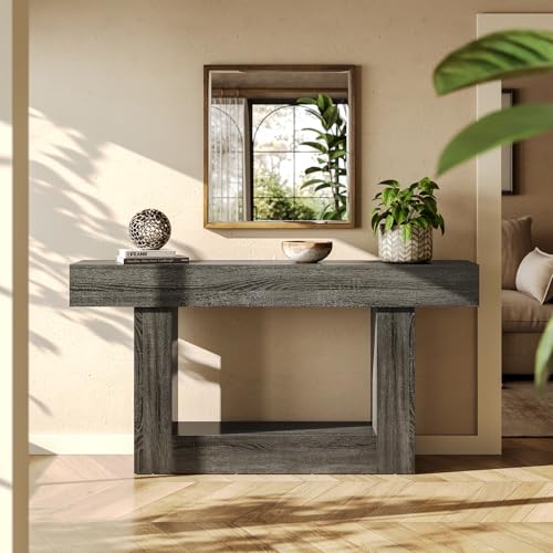 LITTLE TREE 63 Inches Long Console Table, 2-Tier Farmhouse Sofa Table Behind Couch, Large Narrow Entryway Table for Living Room, Wooden Hallway Foyer Table with Heavy Duty Base, Grey - color: Grey