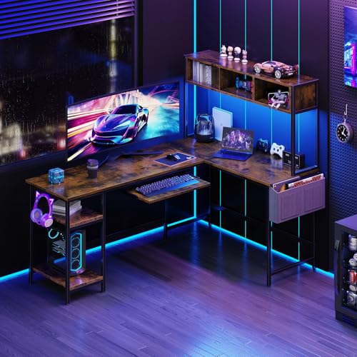 DUMOS 67" L Shaped Gaming Desk, Reversible Computer Desks with LED Lighting, Corner Desk for Compact Spaces with Keyboard Tray & Storage Shelf, Metal Frame PC Gaming Table for Home Office,Rustic Brown