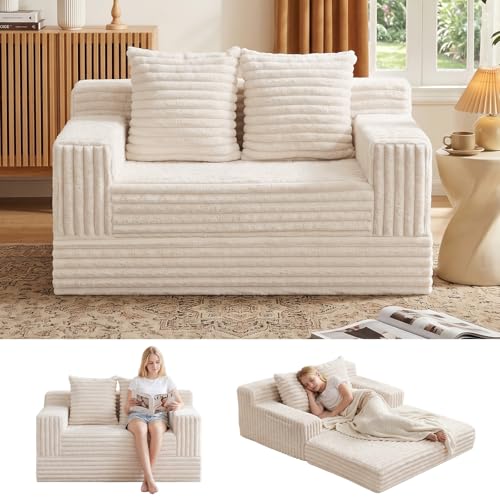 Erament Boneless Loveseat Convertible Sofa Bed, Folding Floor Futon Sleeper Sofa Couch Bed- Boneless Foldable Couch, Corduroy Pull Out Sofa Bed with 2 Pillows for Living Room & Bedroom - color: Beige, size: 54''(Lovesat Fur)