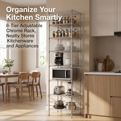 Finnhomy Heavy Duty 8 Tier Wire Shelving, 18x18x78.8 inches 8 Shelves Storage Rack with Thicken Steel Tube, Pantry Shelves for Storage, Adjustable Metal Shelving Unit, NSF Certified, Chrome - size: 78.8"H-Chrome