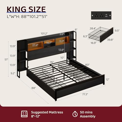 King Size Bed Frame with 4 Storage Drawers and Headboard Featuring Shelf Storage, Wooden Platform Bed Frame with LED Lights and Charging Station, Easy Assembly/No Box Spring Needed/Black - color: Black, size: King