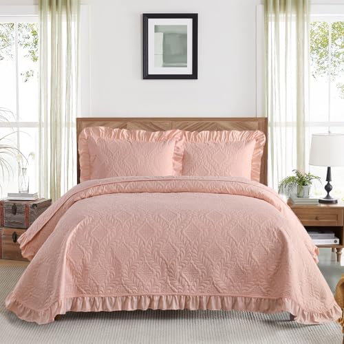 DJY Queen Size Quilt Sets, Ruffled Bedding Set, Blush Pink | Lightweight Modern Pattern Bedspreads, Bed Cover for All Seasons, 96''x90''- 3 Piece (1 Quilt, 2 Pillow Shams) - color: Pink, size: Queen