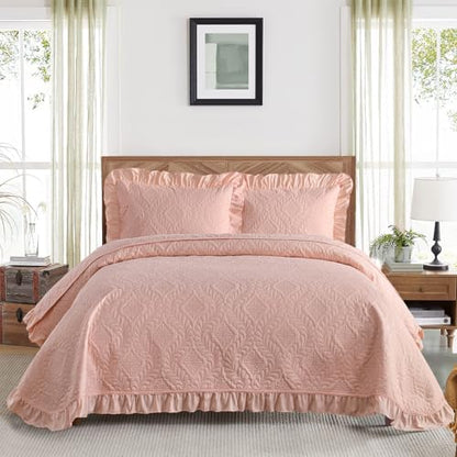 DJY Queen Size Quilt Sets, Ruffled Bedding Set, Blush Pink | Lightweight Modern Pattern Bedspreads, Bed Cover for All Seasons, 96''x90''- 3 Piece (1 Quilt, 2 Pillow Shams) - color: Pink, size: Queen