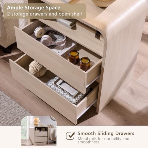 Aitjunz 25" Tall Modern Nightstand with Charging Station, 2 Drawers, Cream | 23.6'' Wide Wood Bedside Table with Curved Profile Design, Large Mid Century End Table for Living Room - color: Cream, size: 1 Piece