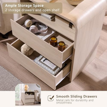Aitjunz 25" Tall Modern Nightstand with Charging Station, 2 Drawers, Cream | 23.6'' Wide Wood Bedside Table with Curved Profile Design, Large Mid Century End Table for Living Room - color: Cream, size: 1 Piece