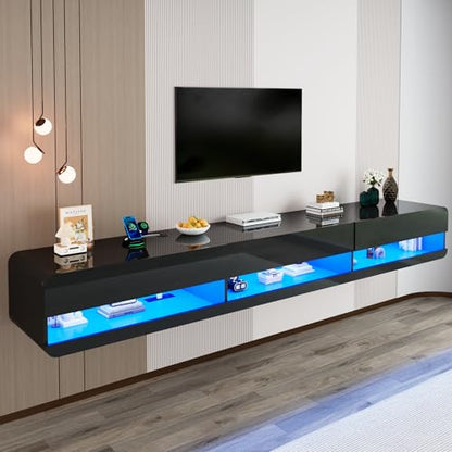 St.Mandyu Floating LED TV Stand for TVs Up to 100 inch, 94.5 inch Modern Entertainment Center with Led Lights & Power Outlet, Wall Mounted Hanging Media Console for Living Room, Black - color: Black