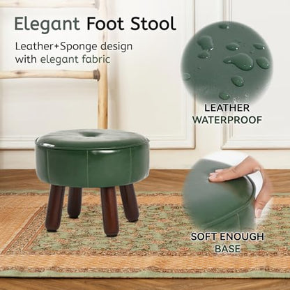 oakvivo 13in Small Foot Stool Ottoman, Round Faux Leather Footrest | Green Under Desk Pouf Footstool Foot Rest with Non-Skid Rubber Legs for Ling Room, Bedroom, 13''L x 13''W x 10.2''H - color: Green