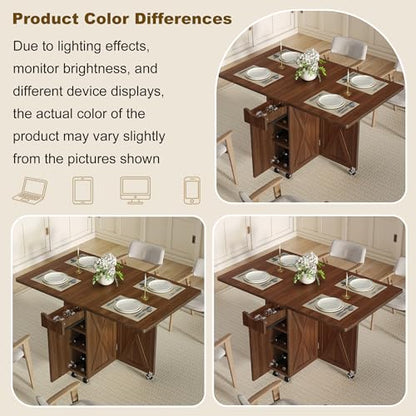 Folding Dining Table for 2-6, Designed for Small Spaces, Walnut | 52.7" Folding Dining Table with 6 Wheels, Drop Leaf Table with Drawers, Shelves and Wine Rack for Small Spaces - color: Walnut