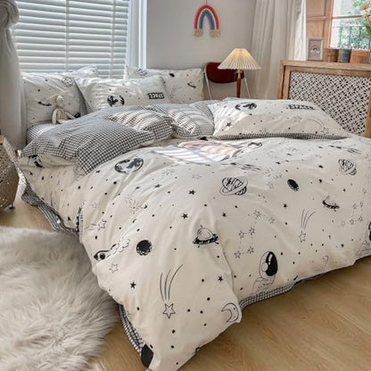 Space Duvet Cover Set Queen 100percent Cotton Cartoon Astronaut Rocket Full/Queen (90 in x 90 in) - color: Happy Universe, size: Full/Queen (90 in x 90 in)