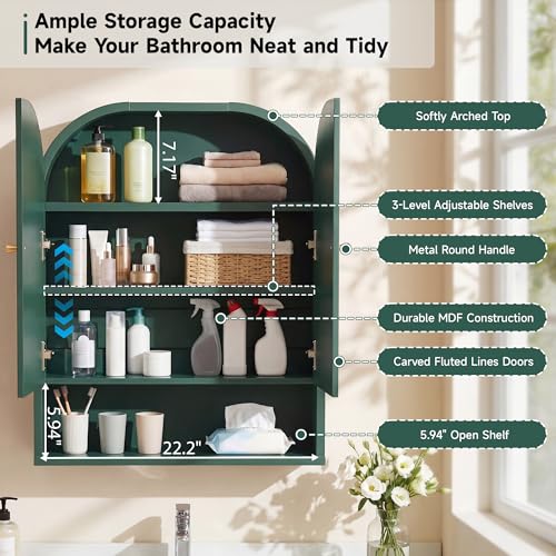 Arched Wall Mounted Medicine Cabinet, 23.5" Bathroom Cabinet with Double Doors, Fluted Grooved Design & Soft-Close Hinges, Over the Toilet Storage with Adjustable Shelf for Small Spaces (Green)