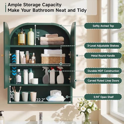 Arched Wall Mounted Medicine Cabinet, 23.5" Bathroom Cabinet with Double Doors, Fluted Grooved Design & Soft-Close Hinges, Over the Toilet Storage with Adjustable Shelf for Small Spaces (Green)