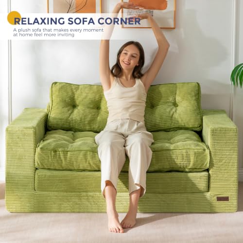 MAXYOYO Folding Sofa Bed, Convertible Sleeper Loveseat with Pillows | 2-Person Fold-Out Loveseat, Convertible Sleeper Bed with Supportive Pillows for Relaxing or Overnight Guests, Dark Grey - color: Green