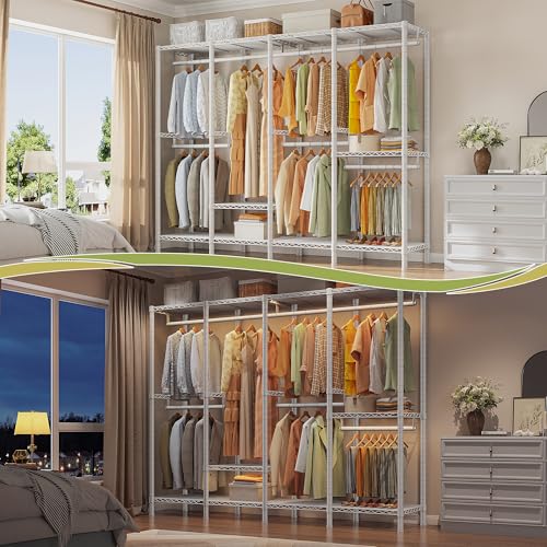 Raybee Heavy Duty Clothes Rack, 1150lbs Capacity, Adjustable | 76" W Freestanding, Steel Structure, 4 Rods & 6 Shelves, Tool-Free Assembly, Sturdy for Closet, Bedroom, White - color: White, style: Heavy Duty Clothes Rack