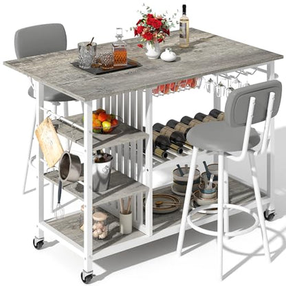 Recaceik Small Kitchen Island Table for 2 with Storage & Seating, Drop Leaf Dining Table Set for Small Space (Grey)