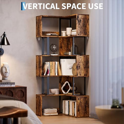 Garvee Corner Bookshelf, 62.6" Tall Metal Wooden Bookcase, Modern Freestanding Corner Shelf with Baffle, 5-Tier L-Shaped Display Rack Storage Organizer for Home Office, Living Room | Modern Freestanding Corner Shelf with Baffle, 5-Tier L-Shaped Display Ra