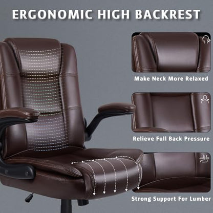 Flip-up Arms Office Desk Chair Big and Tall Managerial Executive Chair, High Back Computer Chair Ergonomic Adjustable Height PU Leather Chairs with Armrest for Long Time Sitting - color: New Brown