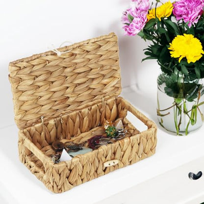 Water Hyacinth Wicker Storage Basket with Lid, X-Small | 9 x 5.1 x 3 Inch Box, Shelf Organizer, Rectangular Woven Bin, Small Item Storage, Natural Home Decor - size: X-Small