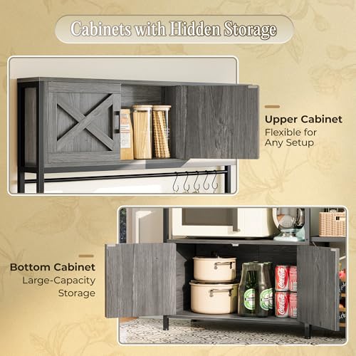 Huuger Large Bakers Rack with Power Outlet, Kitchen Microwave Stand with Cabinets, Coffee Bar Table Station with Storage, 6 S-Shaped Hooks, Mesh Shelves, 45 Inch Wooden Top, Grey - color: Charcoal Grey