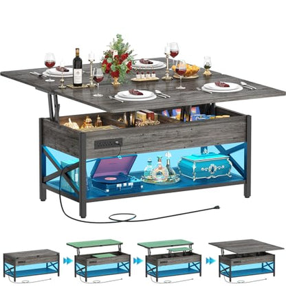 Aheaplus Coffee Table Lift Top Multi-Function Coffee Table Converts to Dining Table, with LED Light and Power Outlet, Center Table with Shelves for Living Room Reception Home Office, Black Oak - color: Black Oak