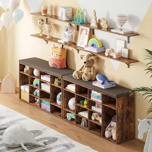 Shoe Storage Bench with Cushion, 16-Cubby Shoe Rack with Seat | 40.9"L Entryway Shoe Organizer Bench, Adjustable Shelves for Boots, Removable Washable Cushion, Closet/Hallway, Rustic Brown - color: Rustic Brown, size: 16 Cubby
