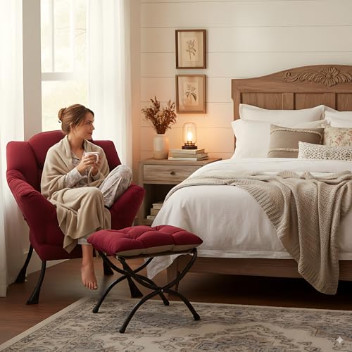 Lazy Chair with Ottoman, Comfy Accent Reading Chair, Burgundy | Foldable Footrest,Removable Cover,with Armrests and Side Pockets,Upholstered Lounge Chair for Bedroom,Dorm,Office,Small Space - color: Burgundy