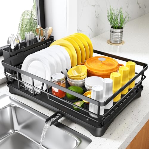 SNTD Dish Drying Rack for Kitchen Counter, 11.8" W x 16.7" L, Black | Rustproof Stainless Steel, Large Capacity, Self-Draining Drainboard, Rotating Spout, Removable Utensil Holder - color: Black