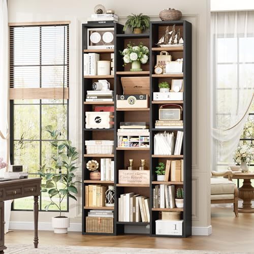FOTOSOK 71'' H Bookshelf with 21 Cubes, Triple Wide Tall Bookshelf | 8 Tier Bookcase with 8 Adjustable Shelves, Large Bookshelf DVD/CD Media Tower Storage, Freestanding Display Shelf Cabinet - color: Black/Brown