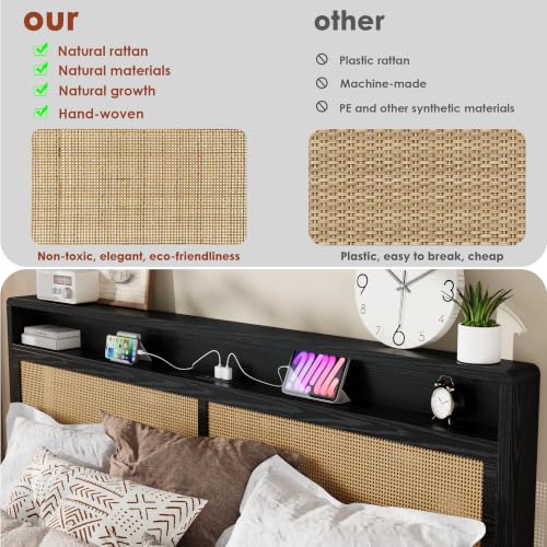 Garvee King Wooden Rattan Bed Frame Bohemian with Storage and LED Lights | Cane Headboard with Charging Station, Wooden Slats, Noise-free, No Box Spring. Country Farmhouse Bed Frames Black - color: Black, size: King