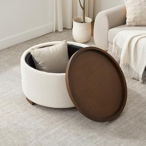 Zihanhome 30 Inch Round Storage Ottoman, Ottoman Coffee Table with Lift Off Lid, Boucle Modern Ottomans with Storage for Living Room, Bedroom, Apartments (Beige) - color: Beige