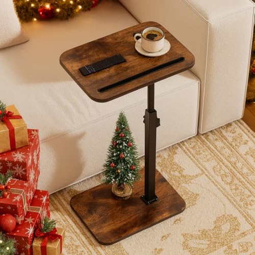 TV Tray Side Table for Couch | 360° Swivel, Adjustable Height Rotating, C Table End Table Laptop Desk, Phone & Tablet Slot - color: Rustic Brown