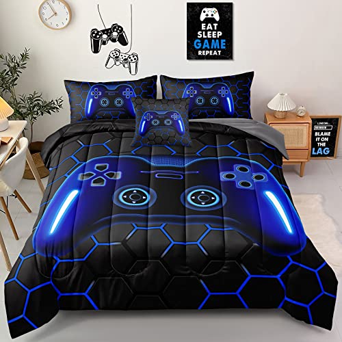 5 Pieces Gaming Bedding Set Twin Size for Boys Gamer Comforter Set for Boys Girls Kids Teens 5 Piece Bed in A Bag Video Game Bedding for Gamer Room Decorative Twin45 - color: Dark Blue, size: Twin