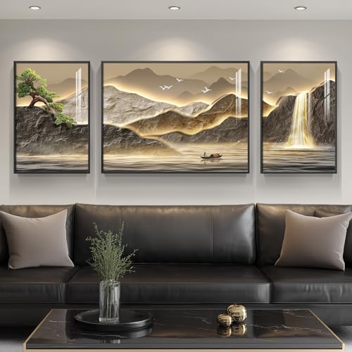 Framed Mountain Wall Art for Living Room, 3 Piece Brown Landscape Painting Prints, Modern Luxury Bright Style Pine Tree Waterfall Artwork for Dining Room,Hallway Office Wall Decor - color: Brown, size: 32" W x 24" H x 1 Pcs + 16" W x 24" H x 2 Pcs