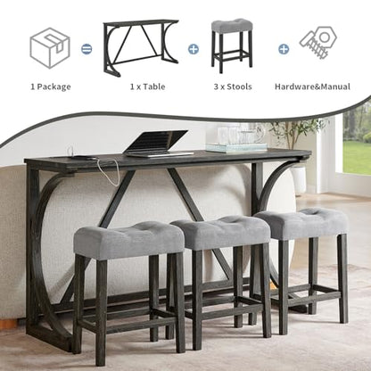 59" Dining Bar Table Set with Power Outlet, Behind Couch Sofa Table with 3 Padded Stools, 4 Piece Bar Table and Chairs Set for Living Room, Dining Room, Black - color: O1-black