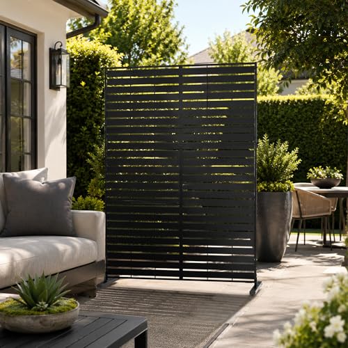 Kozyard Metal Privacy Screen 74" H x 47.2" W Decorative Outdoor Divider | with Stand Panels Freestanding Screen Set for Deck Patio Balcony Garden Outdoor&Indoor(Black/Horizontal Slat) - color: Black/Horizontal Slat