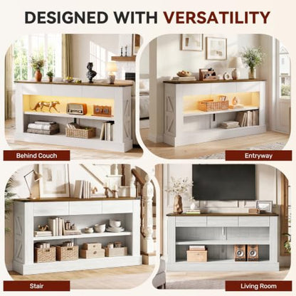 Miereirl 63" Console Table with Drawers & LED Light, Rustic Brown & White | Narrow Entryway Sofa Table, 3 Storage Drawers & Open Shelves, Behind Couch, Living Room Hallway Foyer - color: Rustic Brown&white