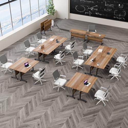 Folding Conference Table with Wheels, Flip Top Folding Conference Room Table for 2-12 Person, Mobile Training & Meeting Room Table, Modular Nesting Office Boardroom Desk with Lockable Casters - color: Light Walnut, size: 47.2in