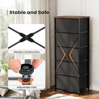 Tall Dresser Vertical Fabric Storage Tower, 5 Drawers (Rustic Brown) | Sturdy Steel Frame, Wood Top and Easy Pull Handle, Space-saving Organizer for Clothes, Bedroom, Hallway, Entryway, Closets - color: Rustic Brown, style: Narrow