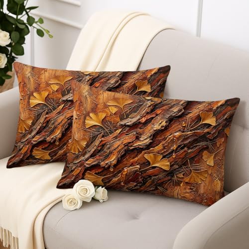 Ginkgo Leaves Throw Pillow Covers Set of 2, Natural Rustic Bark Texture Wood Grain Fall Brown Soft Velvet Washable Couch Pillow Covers for Living Room Apartment Bed Sofa Decor 20x12 Inch - size: 20" x 12" (Pack of 2)