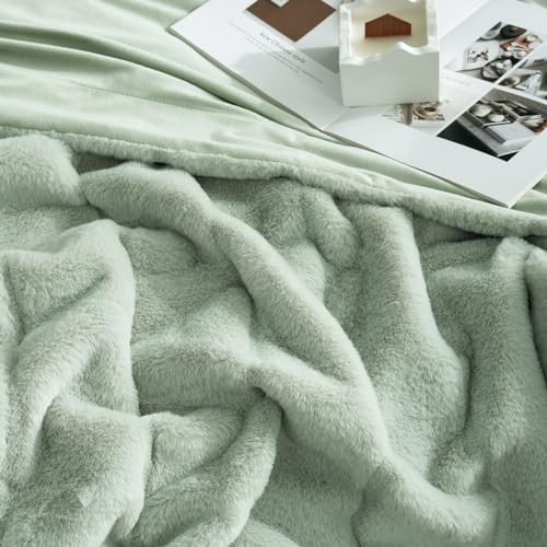 Cozy Bliss Deluxe Sheared Rabbit Faux Fur Throw Blanket, Soft Fuzzy High-Low Sculpted Plush Blanket for Couch, Cozy Home Accent, All Season Use, Green 50"x60" - color: Stripe - Green, size: Throw(50" x 60")