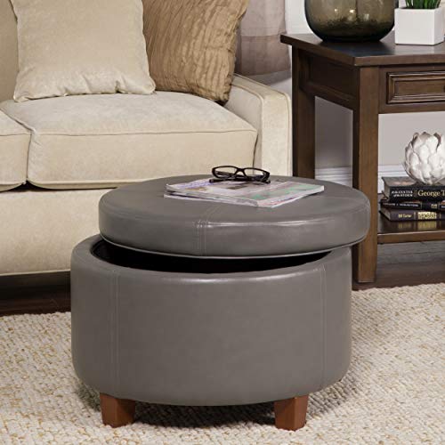 HomePop Round Leatherette Storage Ottoman with Lid, Charcoal Grey Large - color: Gray Faux Leather
