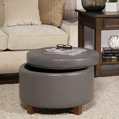 HomePop Round Leatherette Storage Ottoman with Lid, Charcoal Grey Large - color: Gray Faux Leather
