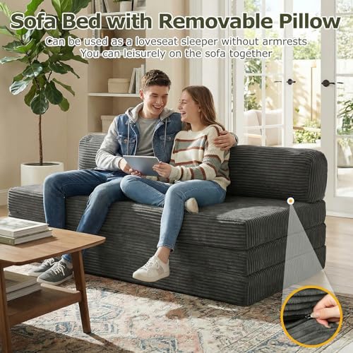 5-in-1 Convertible Sofa Bed, Boneless Loveseat, Tri-fold Futon Sofa Bed with Removable Cushions & Washable Cover, Pull Out Couch with Handle, for Small Spaces, Queen Size, Grey - color: Grey, size: Queen Size-80''L*60''W