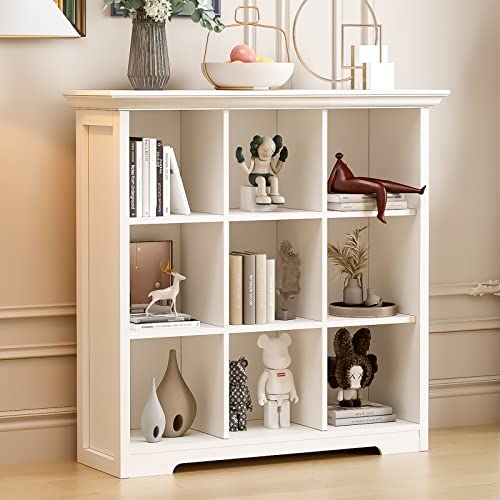 9-Cube Open Bookcase with Base, 3-Tier Wooden Bookshelf, White | Curved Base, Crown Molding, Fits 11×11" Bins, Modern Storage Cabinet for Living Room, Bedroom, Home Office - color: Warm White, size: 9-Cube