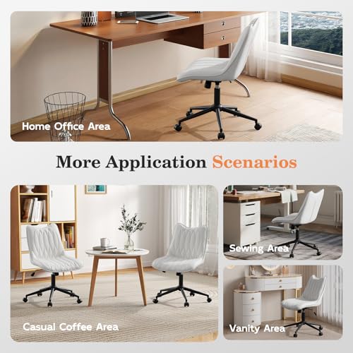 Armless Office Chair, Swivel Rolling Leather Desk Chair, White | Waterproof Upholstery, Padded Seat, 15° Relaxing Tilt, 330 LBS Capacity, for Bedroom Vanity and Computer Work - color: White