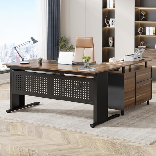 Tribesigns 63 Inch Executive Desk with Filing Cabinet, L Shaped Office Desk | Large Office Desk with File Drawer, L Shaped Desk with Storage, Computer Desk for Home Office, Easy Assembly, Brown and Black - color: Brown and Black