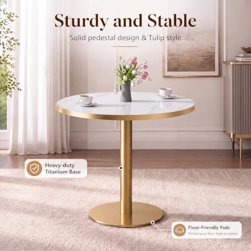 31.5" Round Dining Table, Glossy Sintered Stone Circle Tulip Table with Gold Pedestal, Modern Dining Room Table for Kitchen, Cafe, Living Room (White with Gold) - color: White With Gold